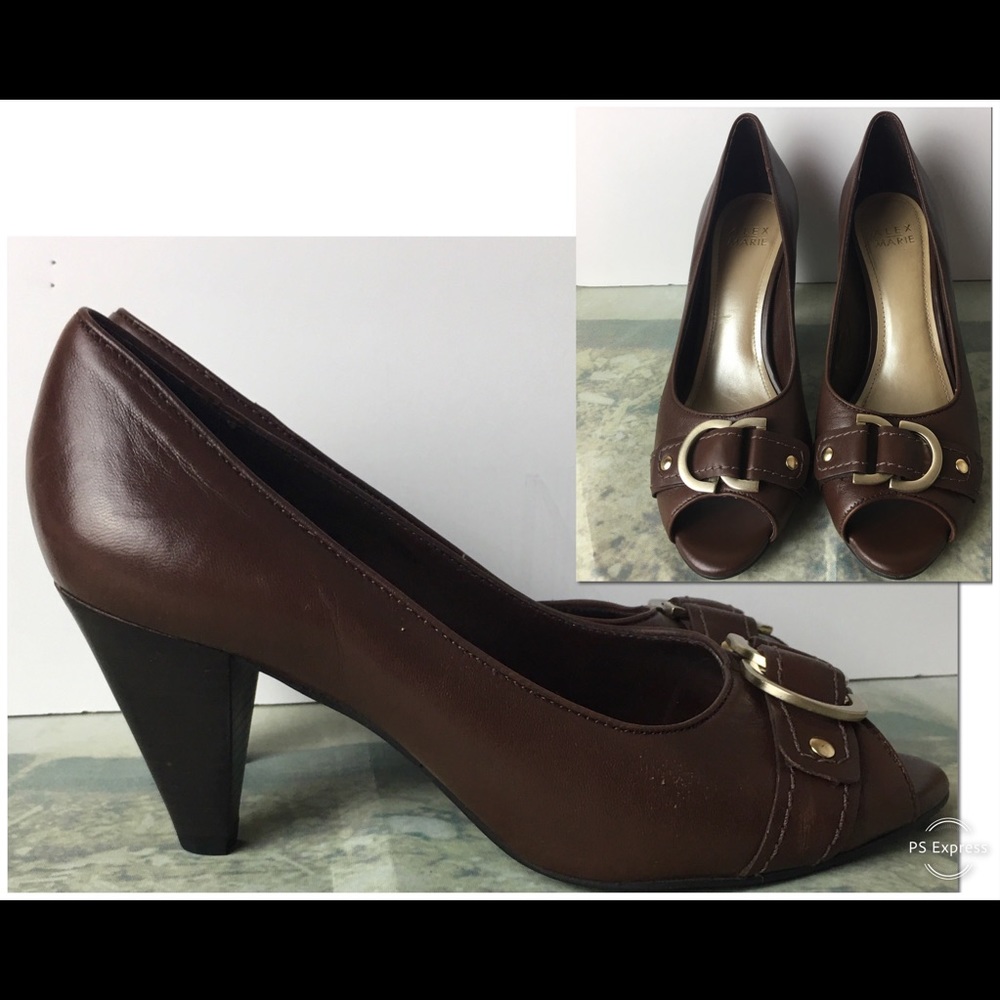 Alex Marie Women’s Leather Pumps Peep Toe Dark Brown Heels Size 7.5 - Picture 3 of 7